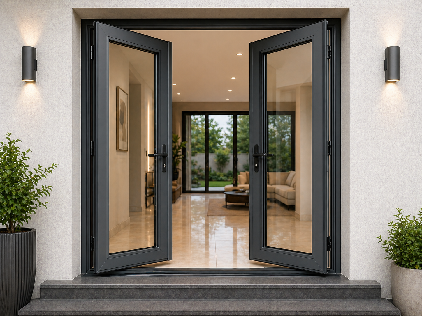 Premium aluminium casement doors in Coimbatore — classic hinged design with strong weather sealing for main entrances and residential homes